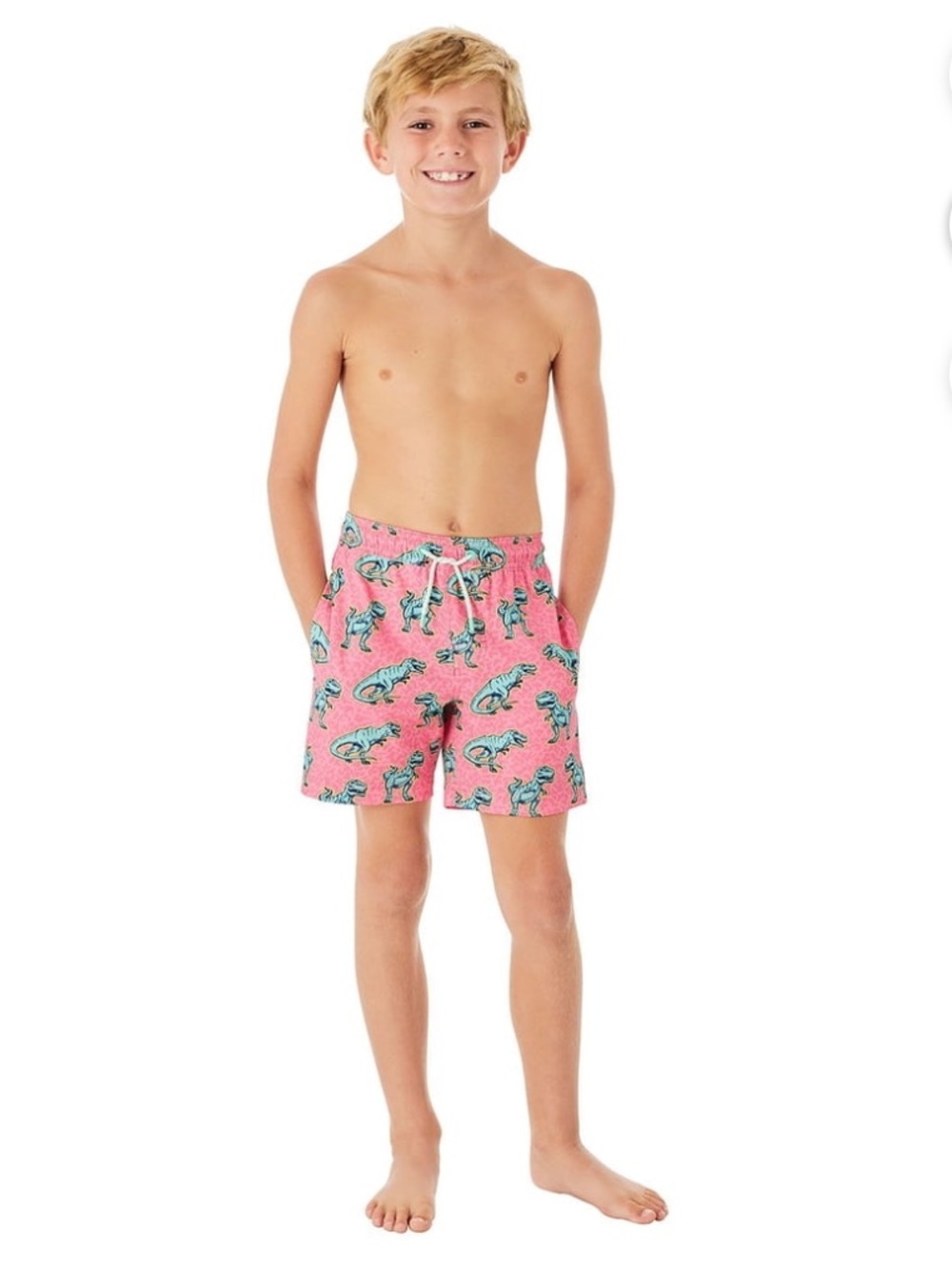 Kids Matching Family Pink & Tral Dino Print Swim Shorts w/ Built in Liner